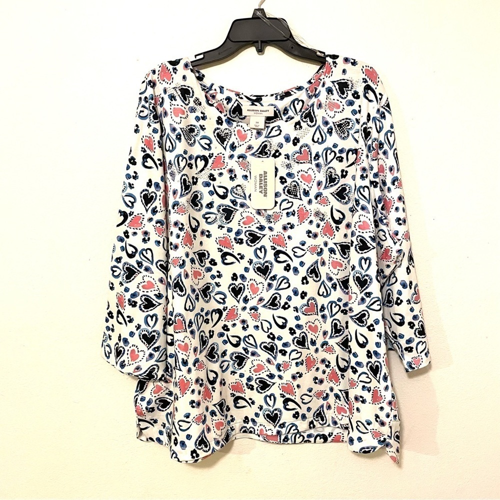 NEW Allison Daley Top White Hearts Embellishment Pullover Soft Comfort Size 3X